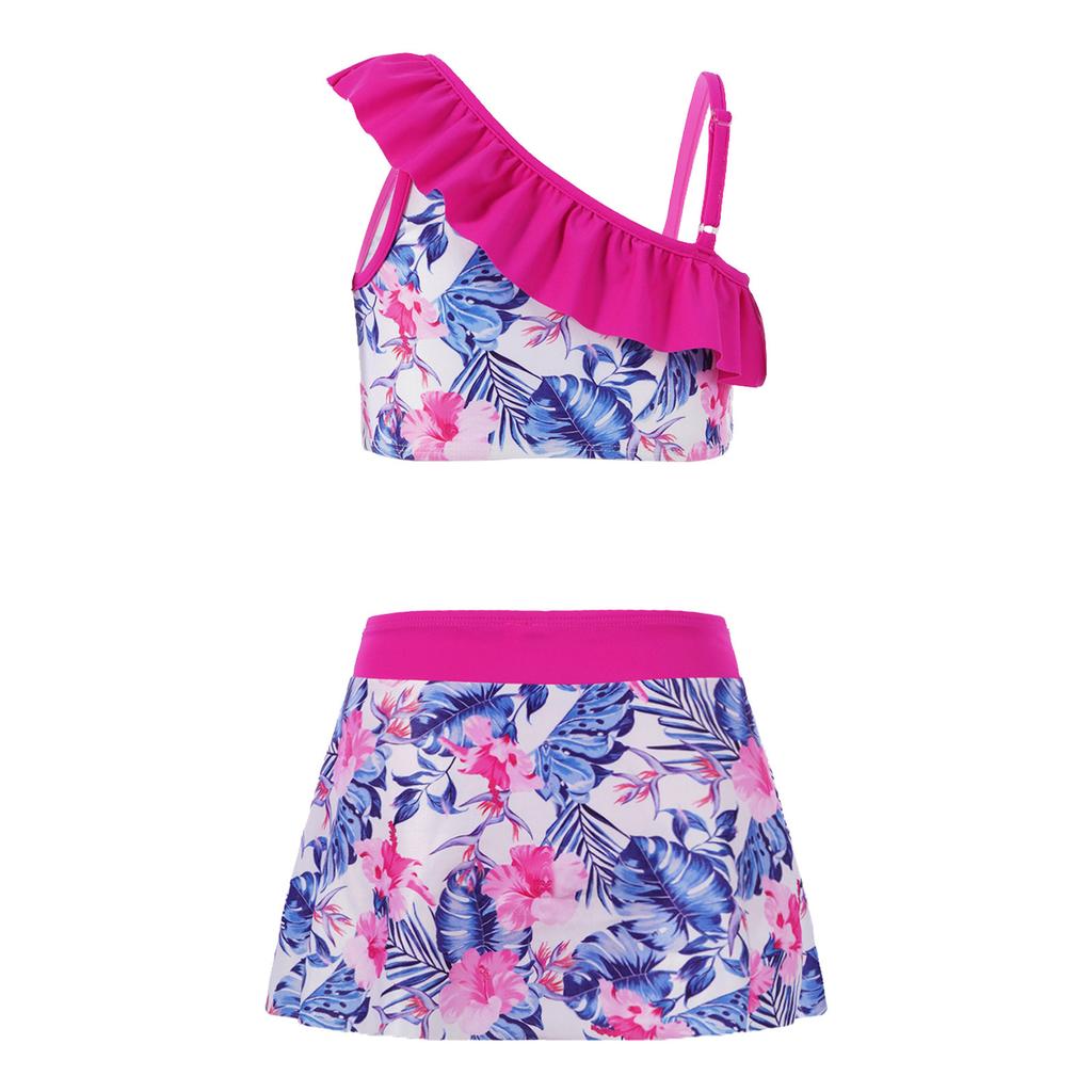 Kids Girls 3 Piece Asymmetric Swim Set Ruffle Trim Floral Print Crop Tops Skirt Briefs Beach Pool Bathing Suit