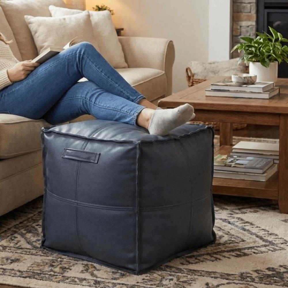 Waterproof Square Pouf Cover PU Leather Ottoman Cover Sofa Footstool Cover Living Room