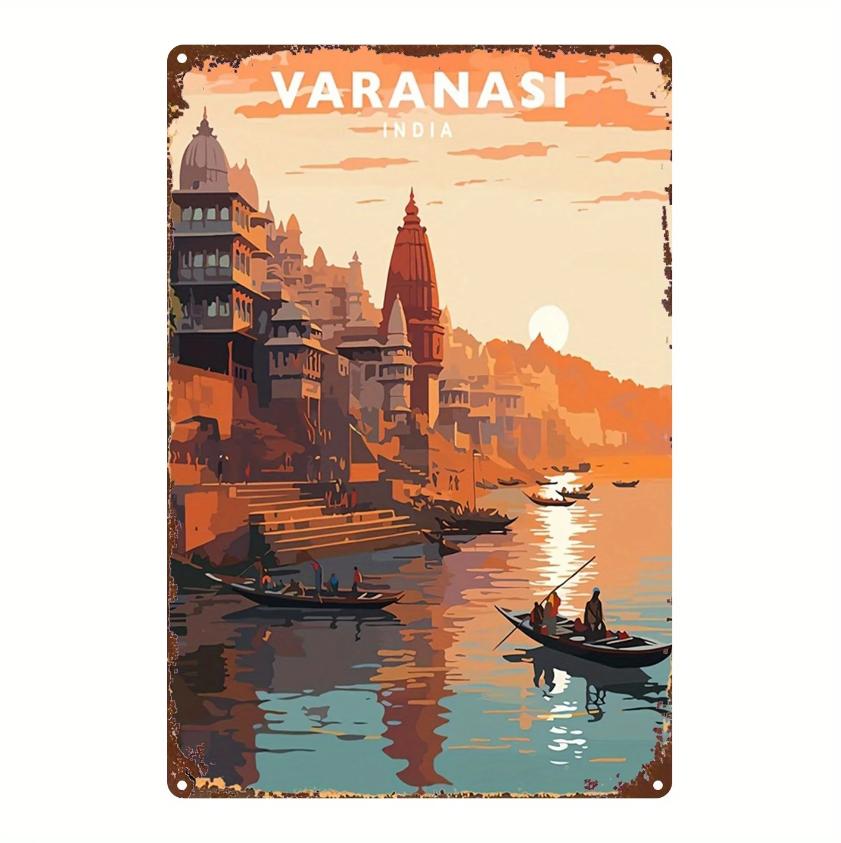 

pc Metal Sign India Varanasi Vintage Landscape Illustration Tin Painting Poster Durable Metal Sign Suitable For 20x30cm