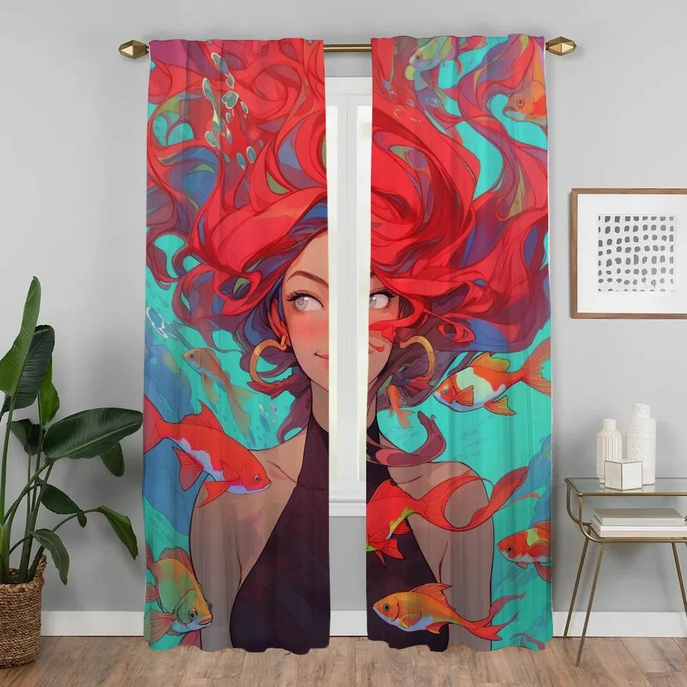 Girl Mermaid Series Blackout Curtains for Living Room Tulle for Bedroom Home Interior Curtains 2 Pieces Shades Partition Curtain