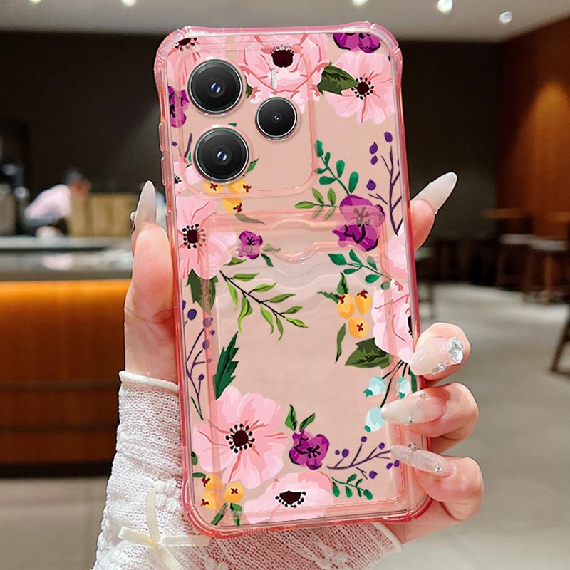 

Card Pocket Bag Clear Phone Case For Xiaomi 14T 13T Xiaomi 14T 13T Pro Pink Blue Flower Print Shockproof Soft TPU Silicone Cover xiaomi 14T pro