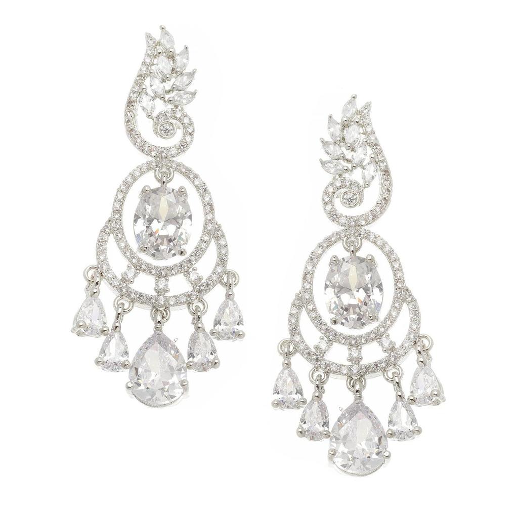 Rhodium-Plated American Diamond Studded Oval & Leaf Shaped Drop Earrings For Girls and Women