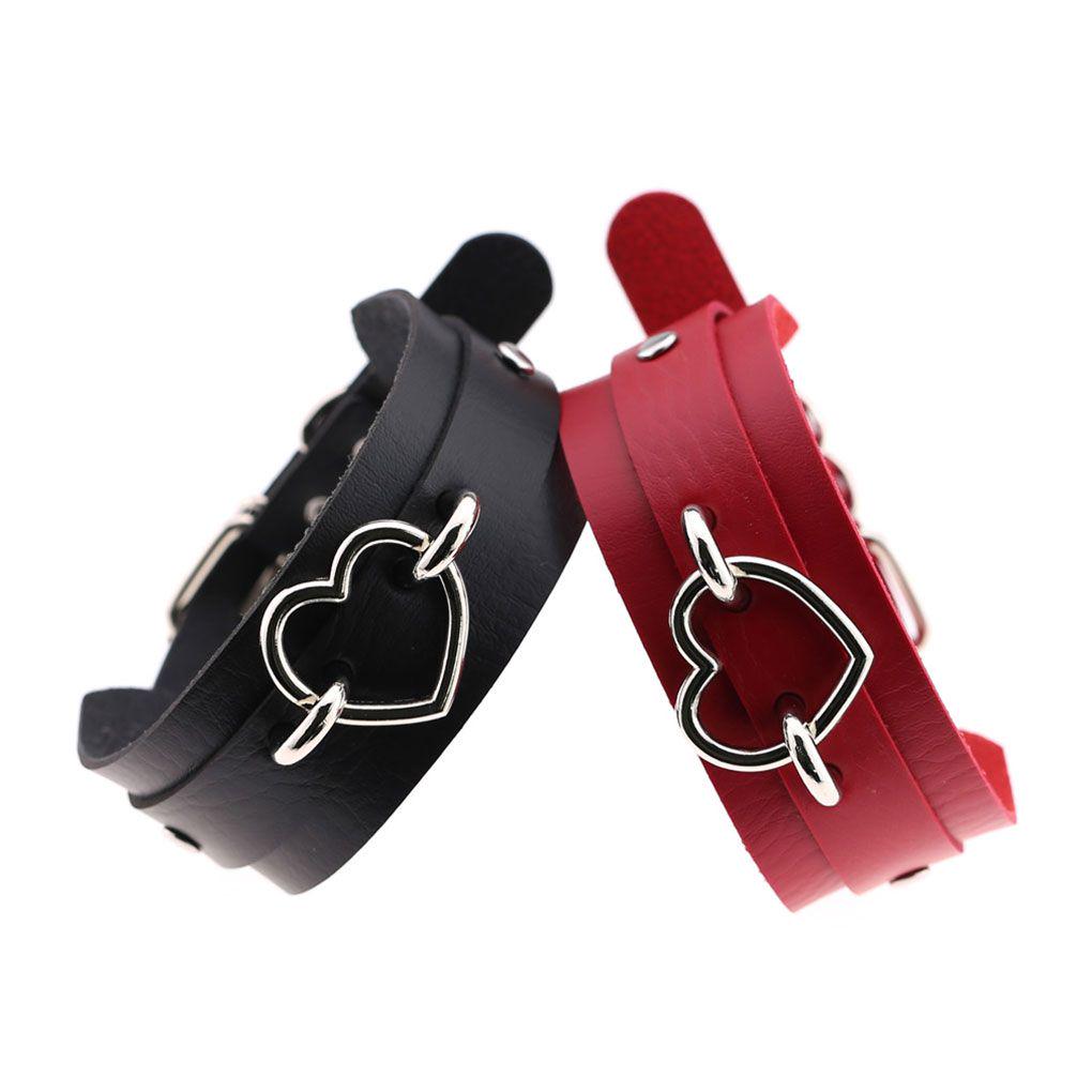 PU Imitation Leather Gothic Punk Choker Short Necklace Hollow Heart Shape Connector Choker