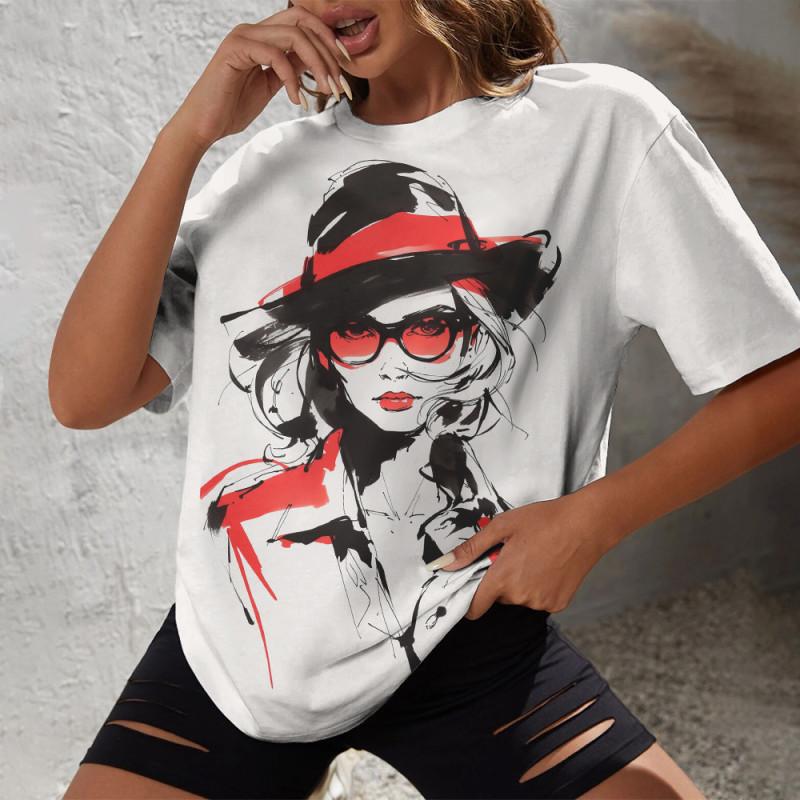 2024 Summer Street Casual And Comfortable Daily Women's Top Minimalist Hand Drawn Portrait Print O-neck Short Sleeved T-shirt