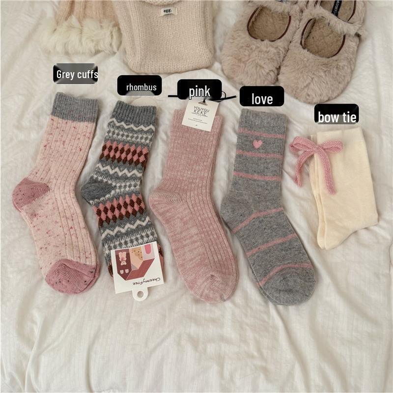 Korean Style Color Block Dot Yarn Wool Socks for Women - Warm, Seamless, Mid-Calf, Versatile Autumn/Winter Slouch Socks