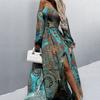 Lantern Long Sleeve Waist Tight Split Large Hem Maxi Dress Bohemia Print Off