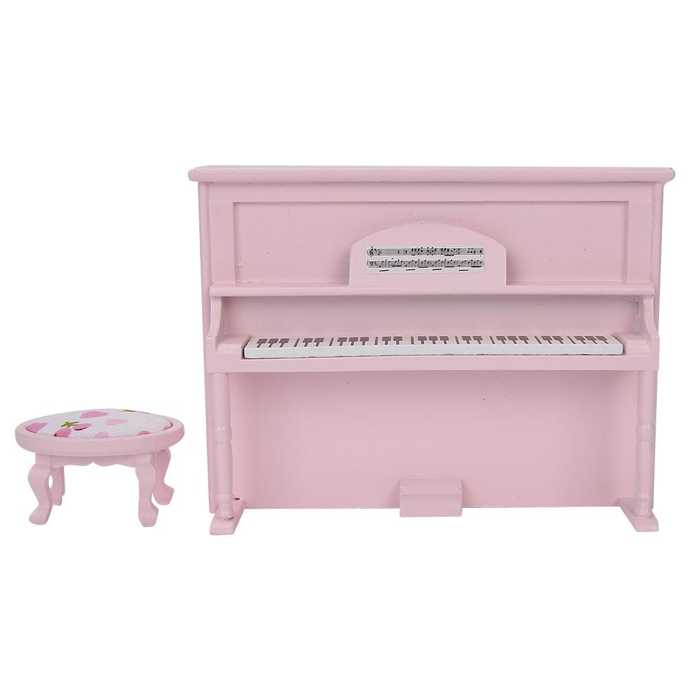 1:12 Doll House Accessories Mini Upright Piano Model Toy with Stool Simulation Furniture Pink