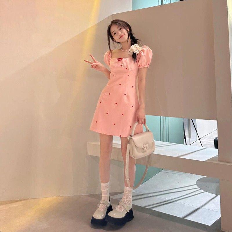 2026 Summer French Pink Square Neck Short Sleeve Petite Dress - Feminine Style XL