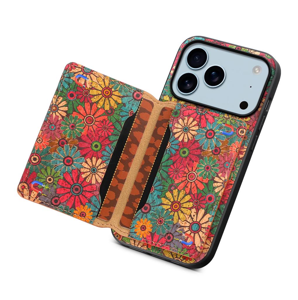 For iPhone 17 Pro Case Flower Print Leather + PC + TPU Cover with Card Holder Kickstand