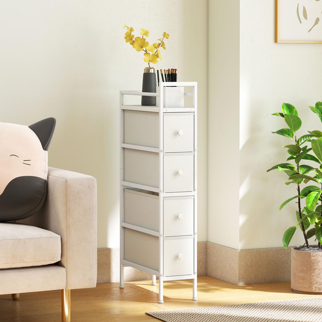 4-Drawer Foldable Fabric Dresser, Narrow Storage Cabinet, Modern Style, Steel Frame, 20 x 43 x 81.5 cm White