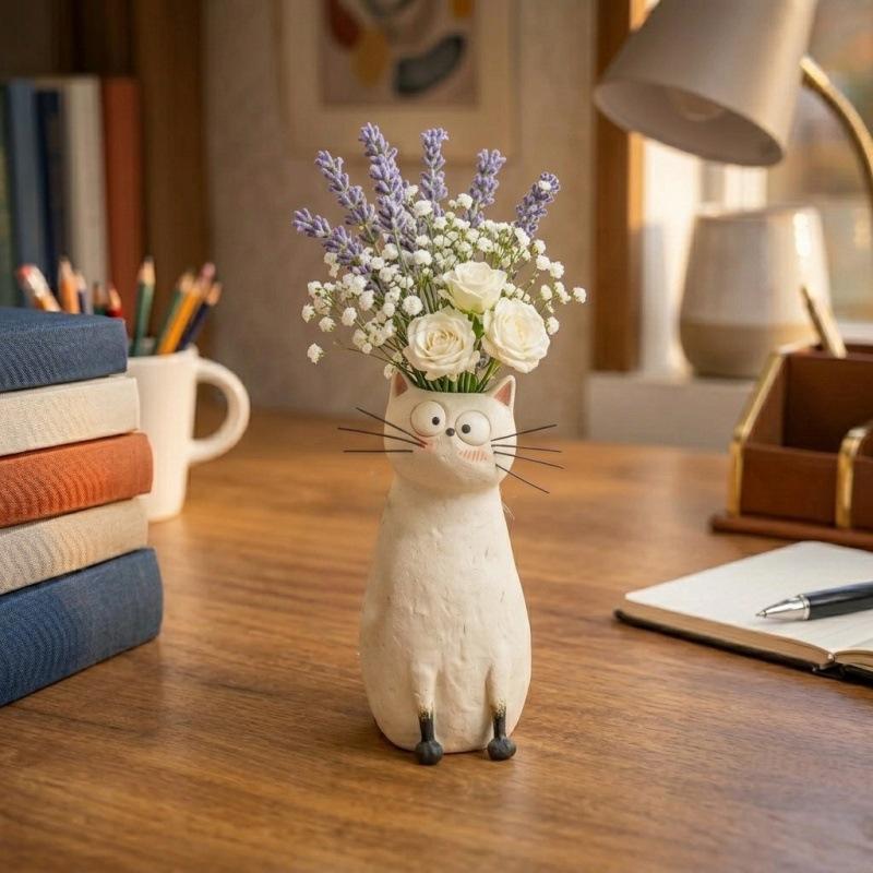 Creative Cat-Shaped Ceramic Vase, Cute Desktop Decor белый