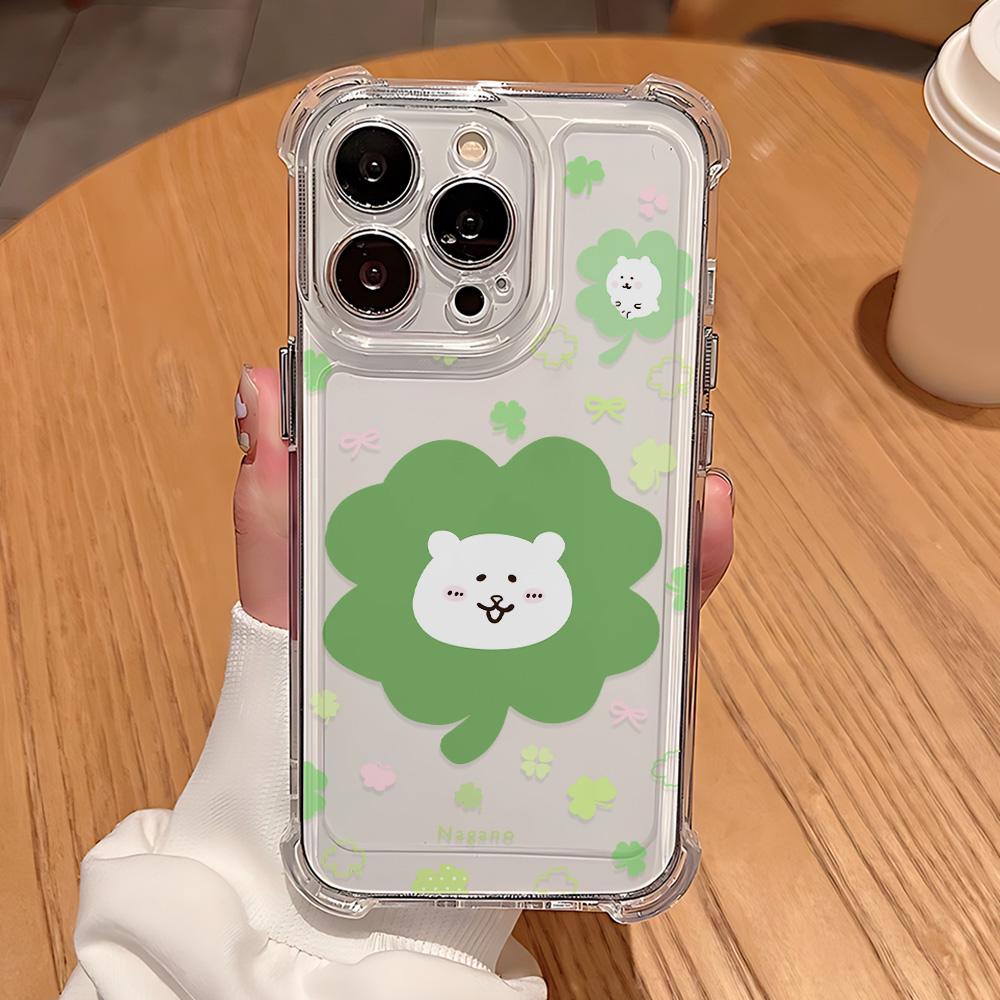Ins Korean Green Clover Dog Phone Case For iPhone 17 Air 16 e 15 14 13 12 11 Pro Max Plus Mini SE 2020 2022 Soft Anti-fall Cover