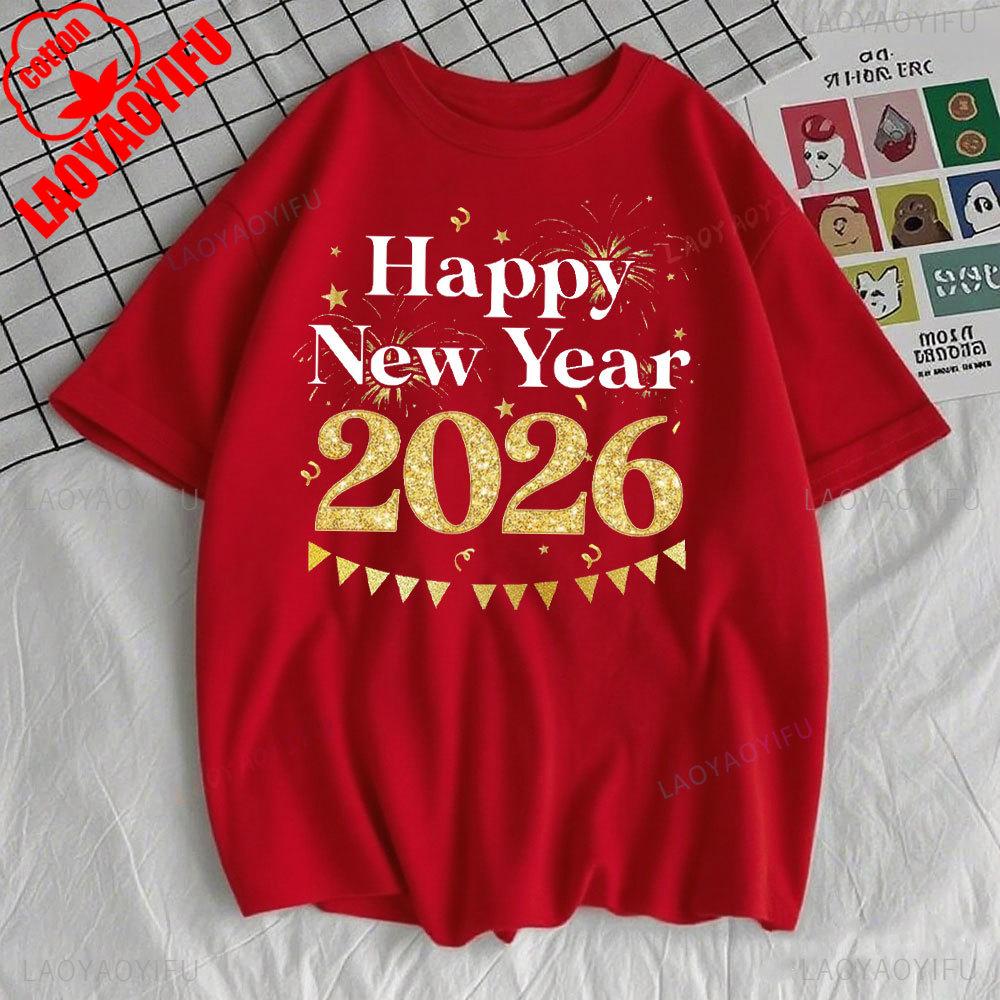 Happy New Year 2026 Family Matching TShirts Men Women New Year 2026 Fashion Streetwear Oneck Shortsleeve Cotton Unisex Top S