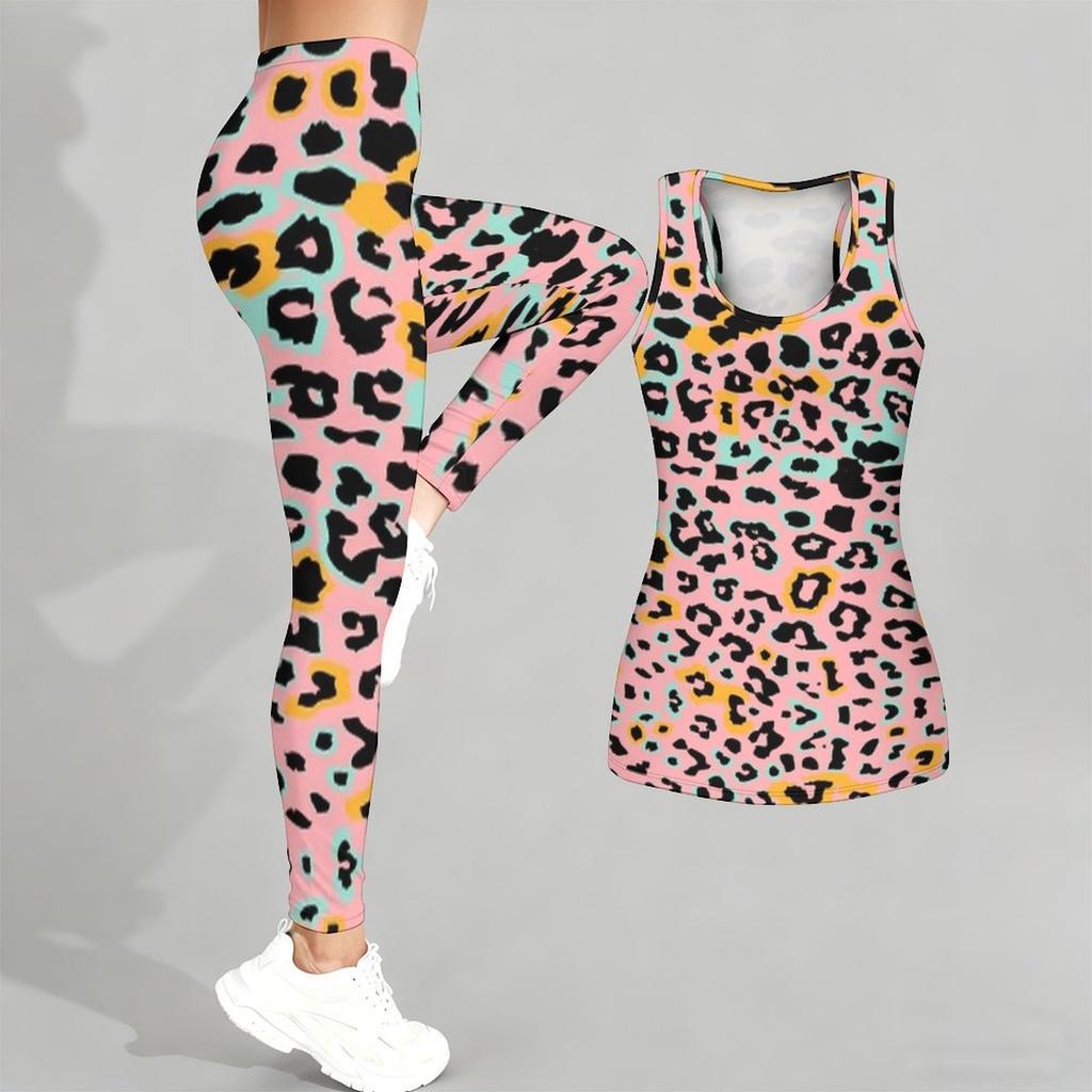 Leopard Print Yoga Outfit for Women Fashion Workout Leggings Fitness Sports Casual Yoga Set Sports Suit