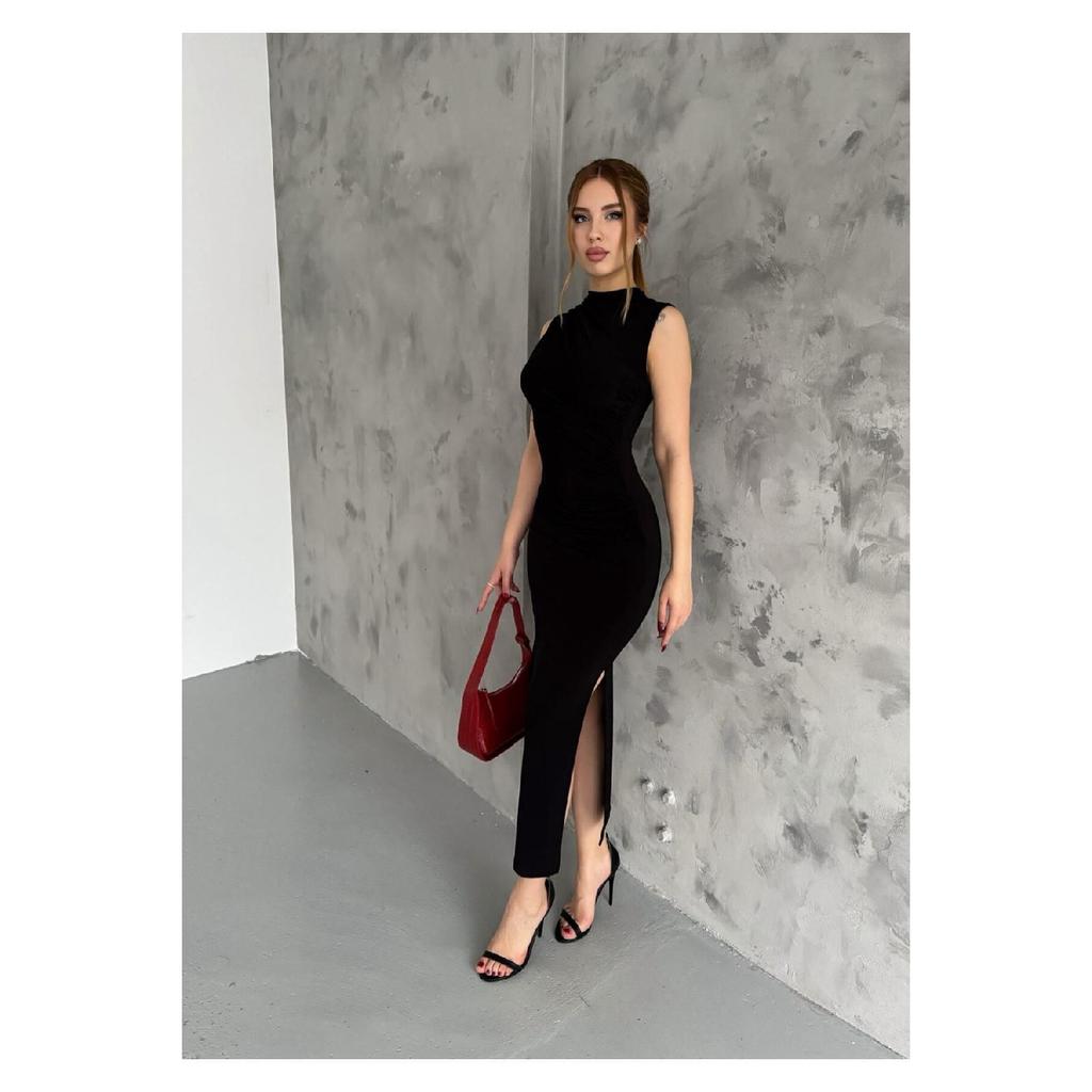 Elegance Navy Blue Dress With Draped Shoulder And Waist Parts, Zero Sleeves And Slit Detail