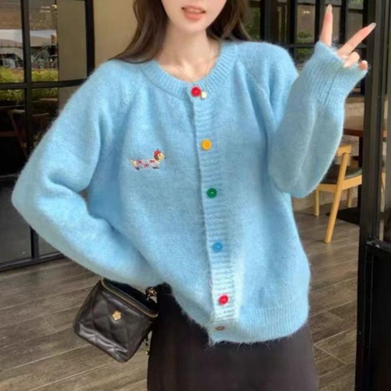 Korean-Style Crew Neck Dog Pattern Knit Cardigan for Women: Autumn Winter Versatile K-Style Sweater Top