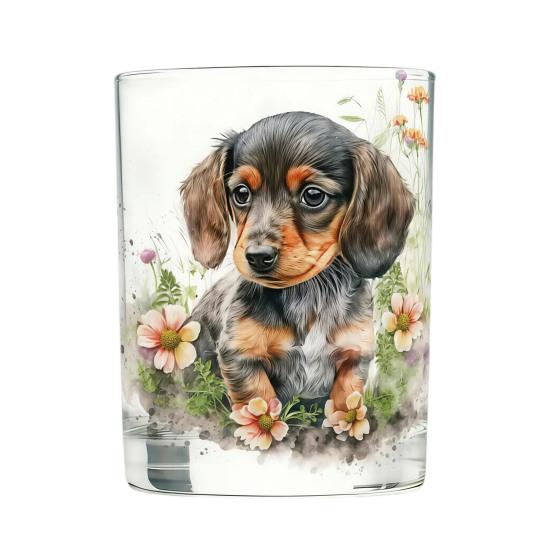 Whiskey Glass, Dachshund Glass Tumbler, Hand Painted Dog Floral Cup for Whiskey Coffee, Home Bar Gift for Dog Lovers