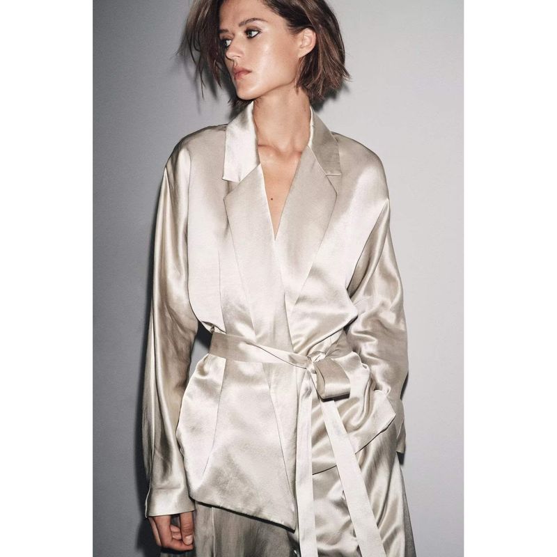 Zbzr Autumn New Women Clothes Fashion Silk Satin Texture Blazers Pleated Pants 8408676 8356676