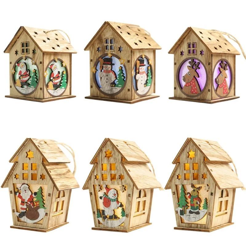 1Pc Christmas LED Light Wood House Cute Tree Hanging Ornaments Holiday Decor