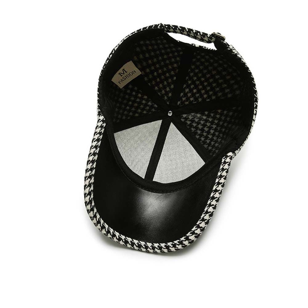 Adjustable Khaki Coffee Black Face Cap Houndstooth Baseball Cap Pu Leather Brim Korean Style Hat