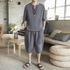Men's Retro Chinese-Style Short Sleeve Cotton Linen Two-Piece Summer Hanfu Suit