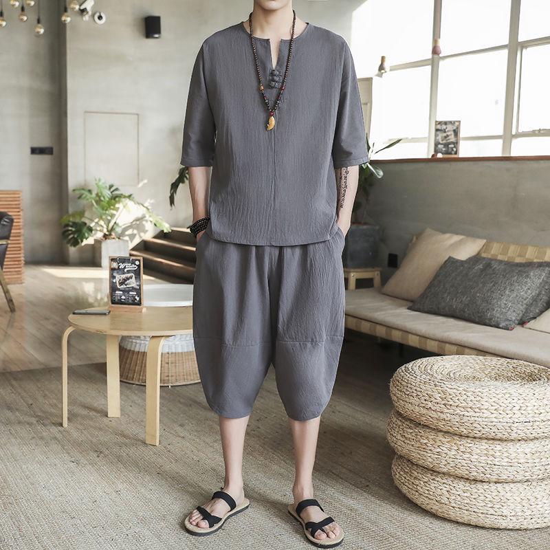 Men's Retro Chinese-Style Short Sleeve Cotton Linen Two-Piece Summer Hanfu Suit