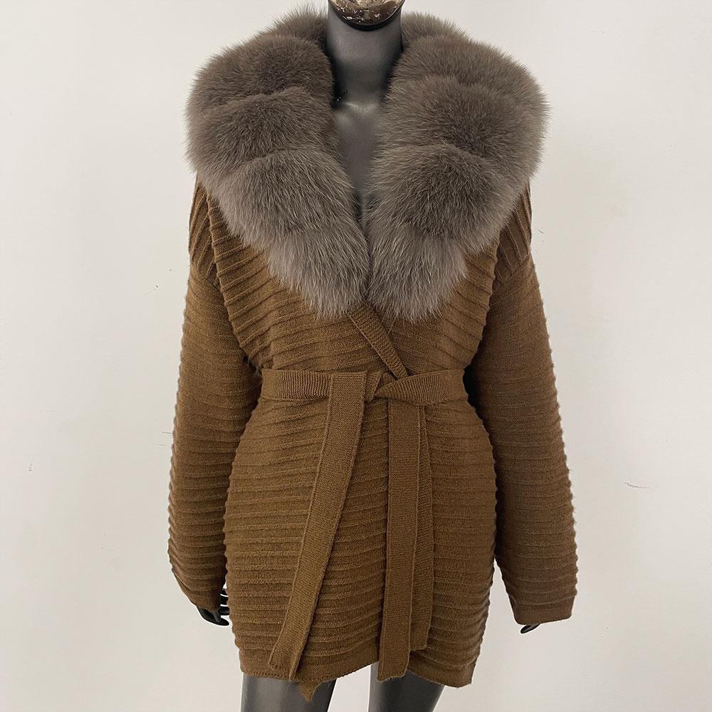 OFTBUY Herbst Damen Weich Lang Echter Fuchs Pelz Warm Gestrickter Mantel Gürtel Umlegekragen Oberbekleidung Lässige Pullover Jacke Locker Dame Elegant Lang