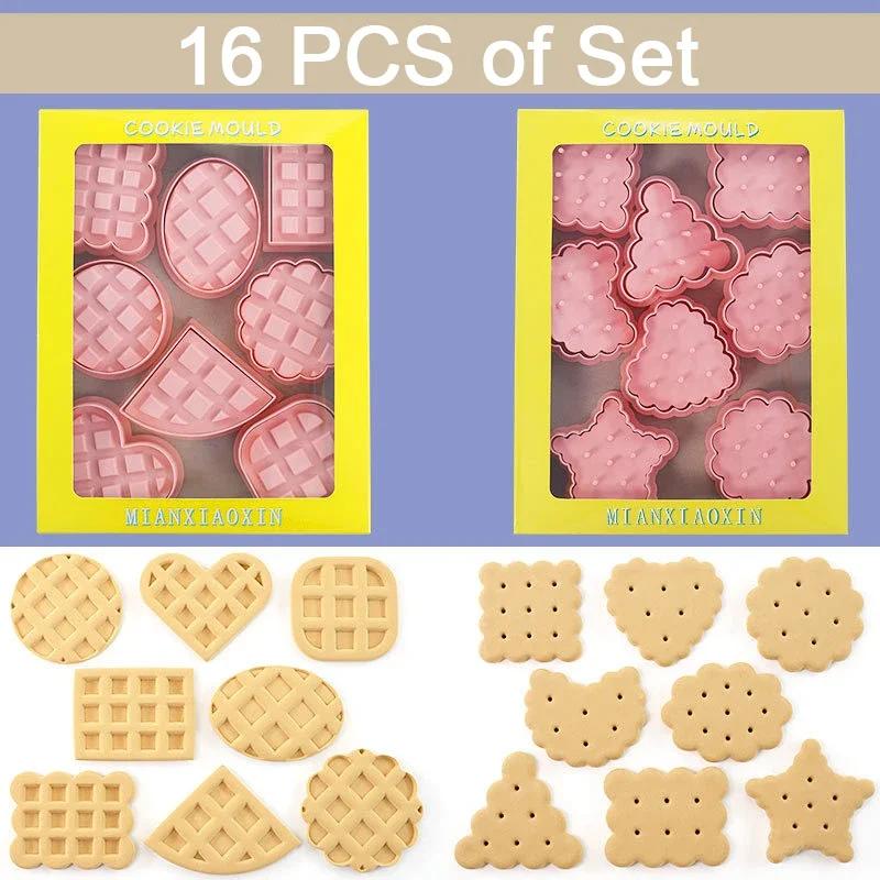 16pcs Classic Retro Waffle Cookie Molds Set Includes Cookies Cutters Confectionery Stamp Practical Baking Pastry Bakeware Tools