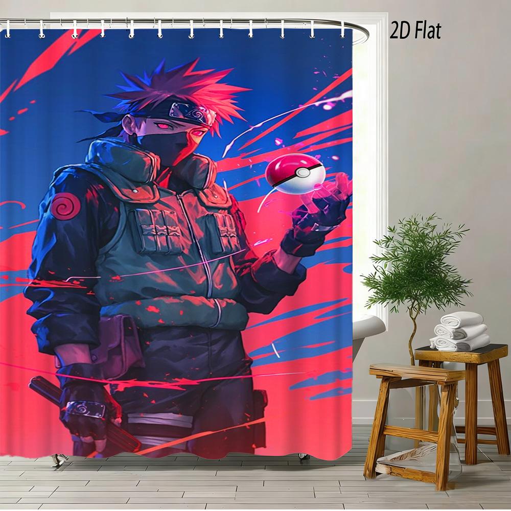 

2D Flat Naruto Anime Kakashi Hatake With Pok Ball Crossover Print Waterproof Shower Curtain For Bathroom Decor W60H190(CM)-1 Pcs