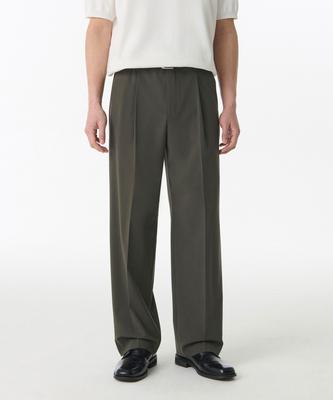 Light Plain One-Pleat Wide Hidden Banding Slacks [Dusty Khaki]