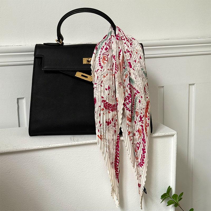 Wrinkled square scarf women's new imitation silk printing silk scarf high-end headscarf headband pleated small scarf shawl