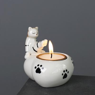 Ceramic Cute Cat Candle Cup Ornaments Cartoon Animal Candlestick Holiday Couple Ornaments Ceramic Candlestick Home Decoration