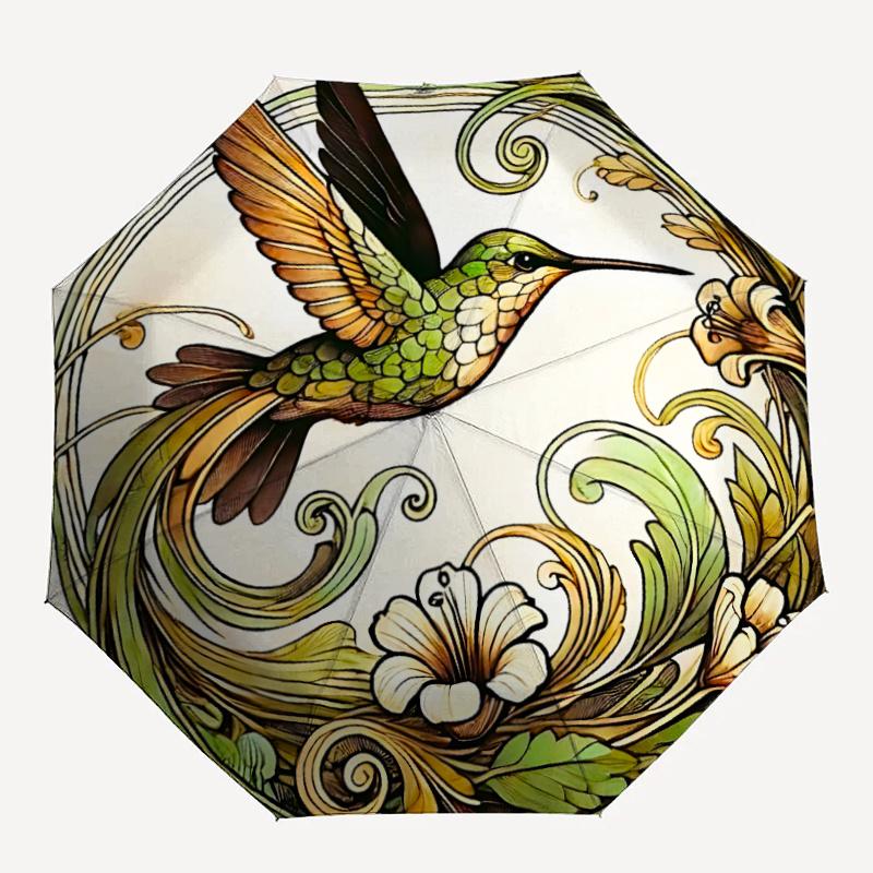 1pc Hummingbird Floral Automatic Folding Umbrella - Compact 8-Rib Design, Durable Plastic & Iron, Festive Gift, Compact Umbrellan044
