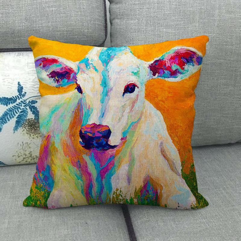 Cow-Themed Color Oil Painting Digital Printing Short Plush Pillow Covers For Car Sofa Office Cushion Cover Home Goods