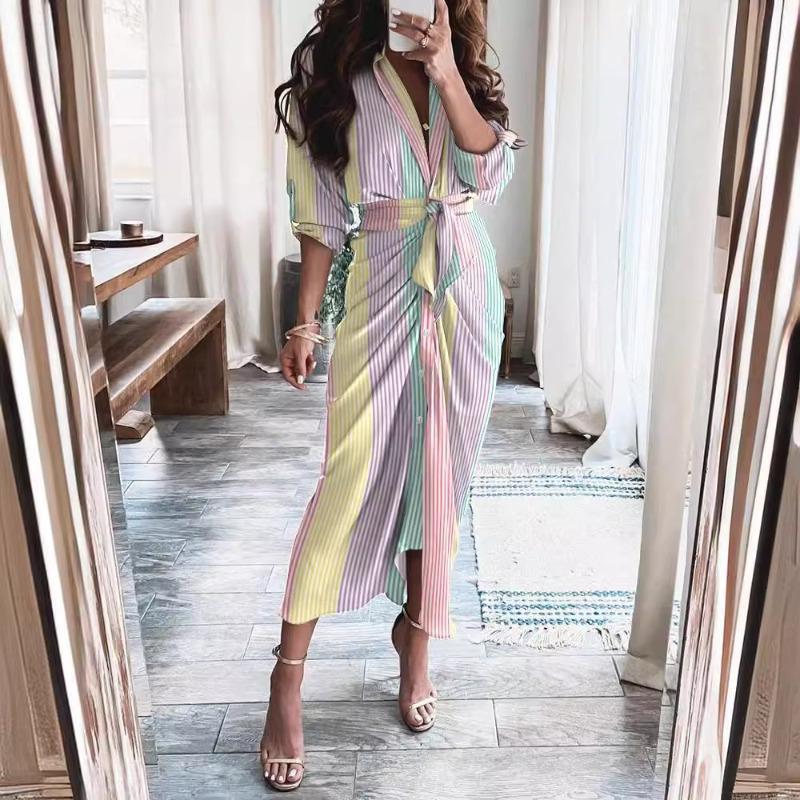 Wish summer long sleeve button short sleeve print dress long dress elegant