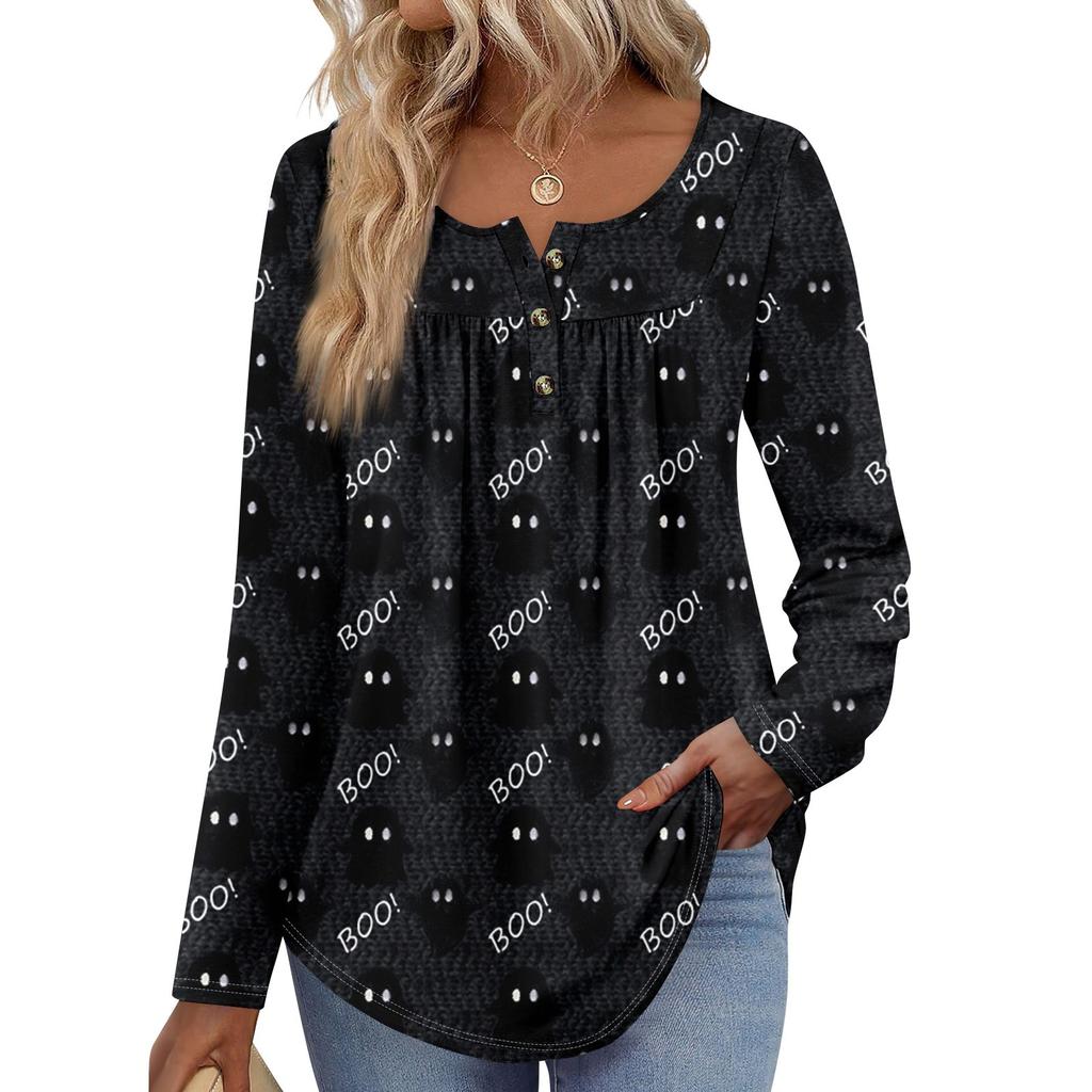 Dame Langermet Tunika Løse Topper Casual Oversized Topper Plissert Tunika Knapper Ned Casual Dame Print Topper