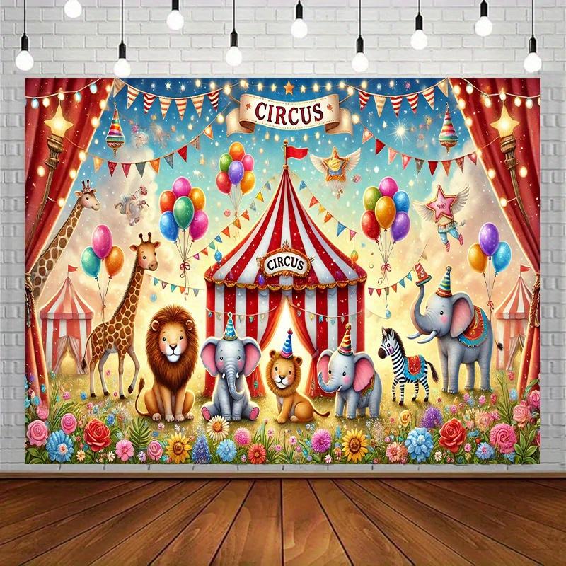 1pc Circus Animal Background - Vibrant cartoon circus theme featuring colorful balloons flowers and animals 100x150cm