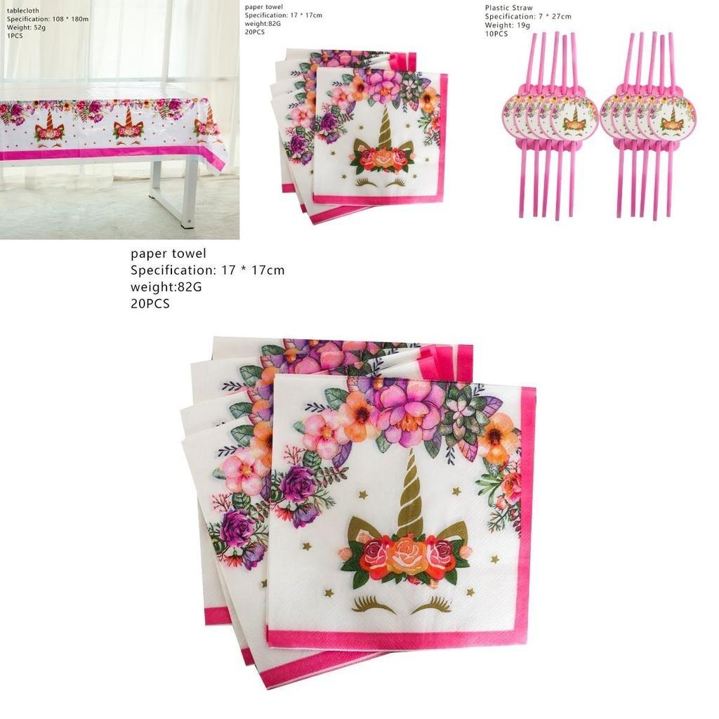 Wreath Unicorn Kids Birthday Party Supplies Colorful Tableware Plates Cup And Forks