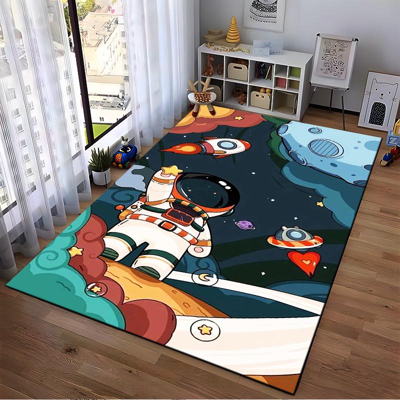 Cartoon Astronaut and Rocket Space Theme Area Rug for Kids Room Decor Suitable for use as an anti-slip for living room bedroom sofas