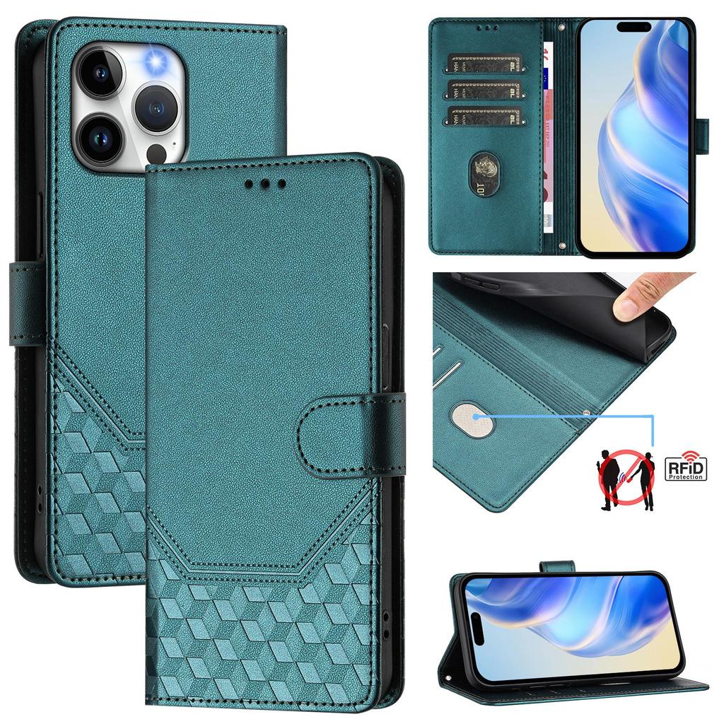 For iPhone 15 Pro Max Case Imprinted Honeycomb RFID Blocking Leather Phone Cover with Strap