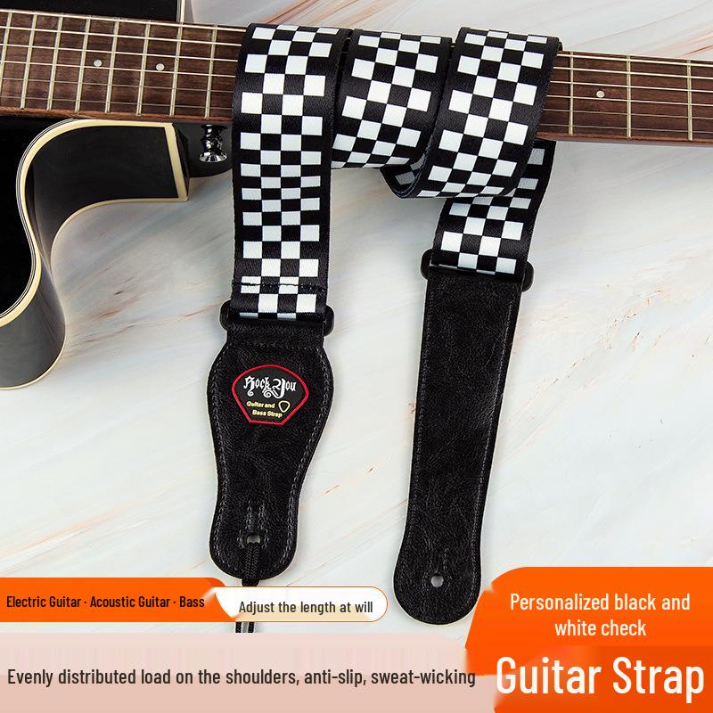 Rockyou Thickened Black & White Plaid Guitar Strap - No Punching Required Canvas