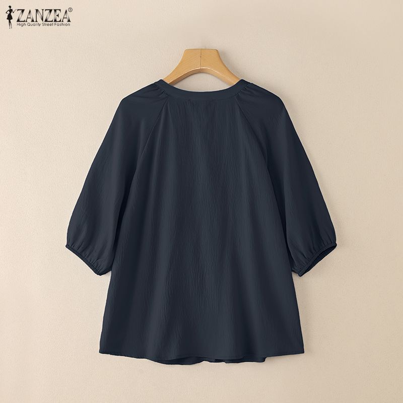 ZANZEA Women Casual Round Neck Summer 3/4 Sleeve Buttons Print Blouse
