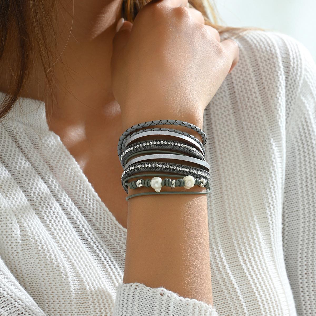 

Геометрический дизайн женский жемчужный браслет универсальный бриллиантовый набор многослойный браслет