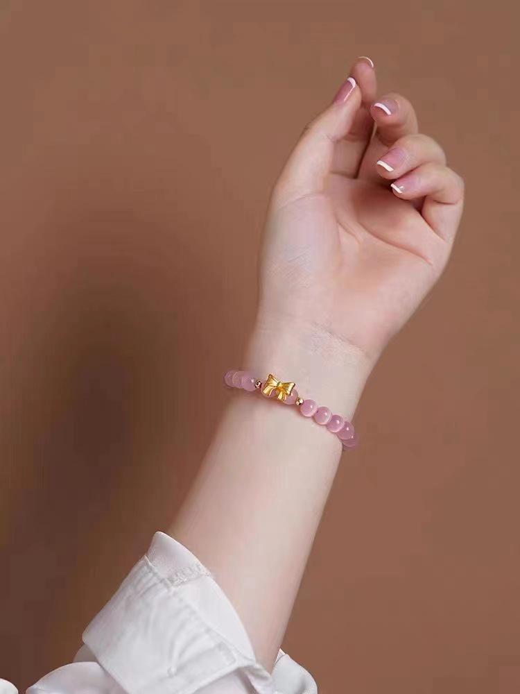 Vietnamese Gilt Brass Bow Bracelet with Cat's Eye Stone & Sand Gold Beads - Women's Elegant Jewelry
