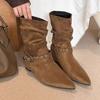 Retro Thick Heel Two Wear Pointed Knight Boots Women's Autumn and Winter New Suede Belt Buckle Versatile and Thin Boots