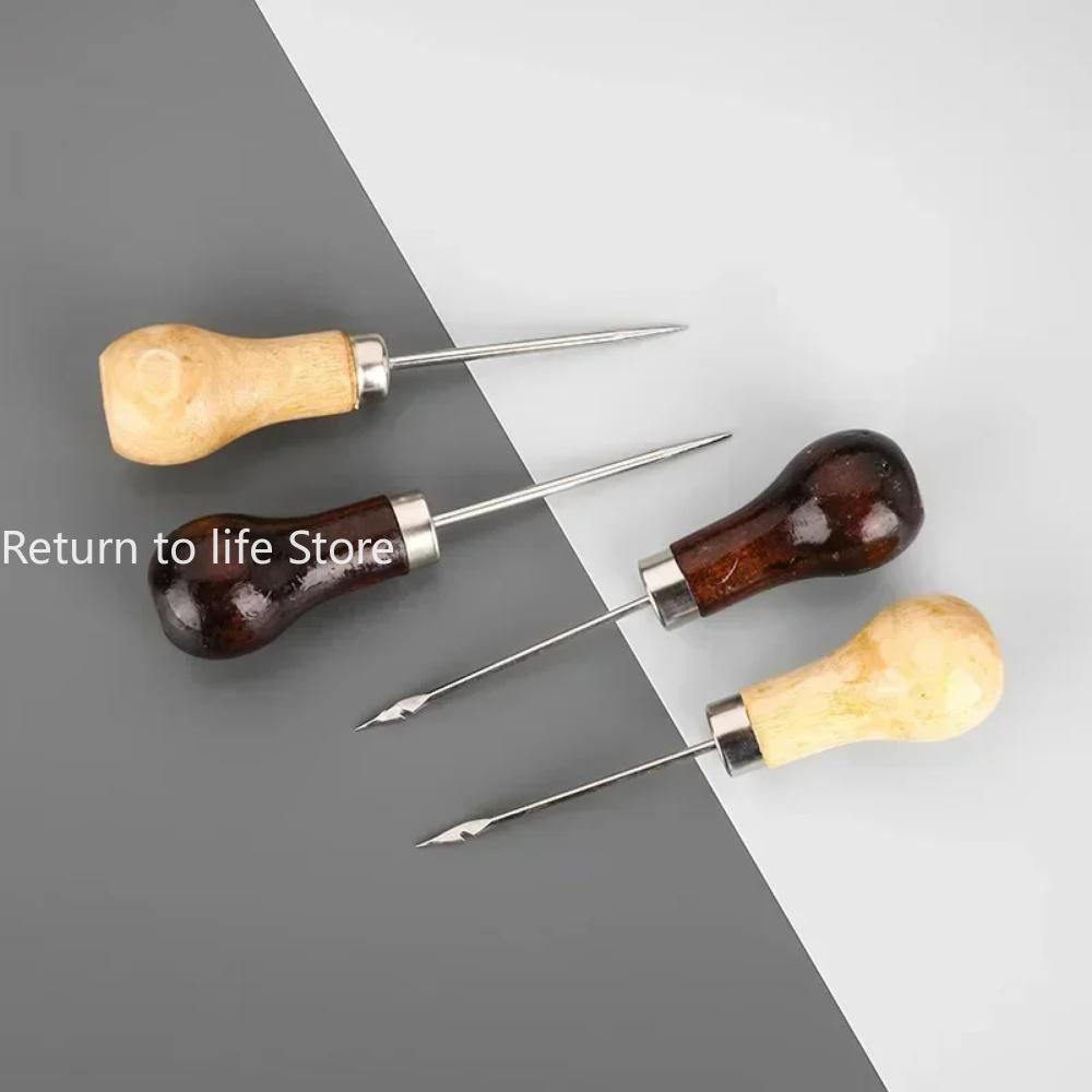 1pc Awl Pricker Hole Maker Cone Punch Sewing Stitching Leather Craft Shoemaking Tool Wooden Handle Drilling with Hook Stabber