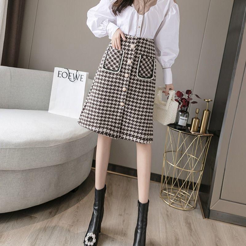 Ženy Houndstooth Kostk Luxusní perly Knoflíček Dělený Vysoký Pas Linka Vlna Teplá sukně Zima Podzim Jaro Móda Sexy sukně