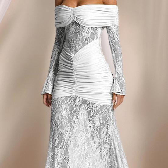 Dámské maxi šaty s odhalenými rameny a dlouhým rukávem, květinová krajka, průsvitná síťovina, řasené bodycon šaty, sexy formální večerní párty, svatební host