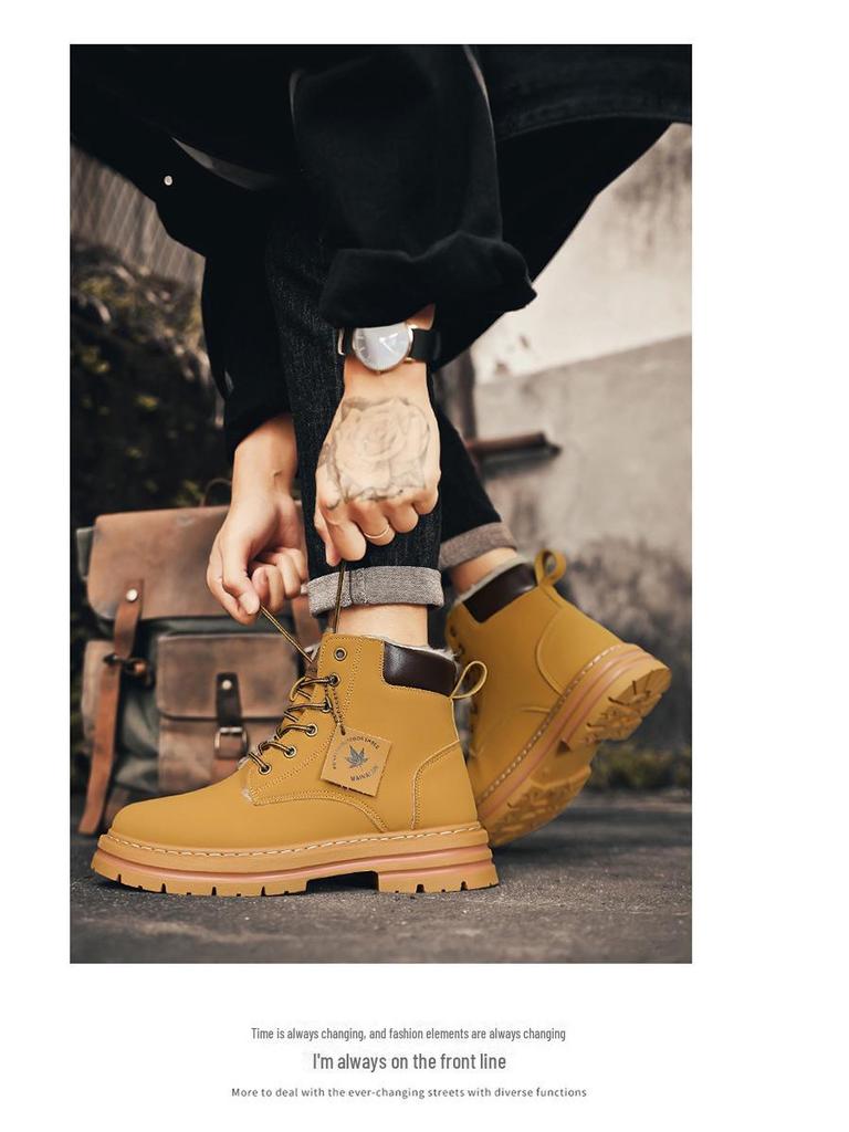 Men's Large Size Snow Boots, Winter Warm, Plus Velvet, Yellow, Thick Sole, Height-Increasing