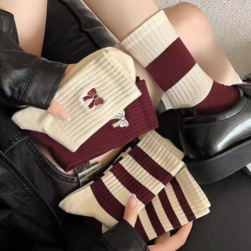 5 Pairs of Angola Red Socks Women's Four Seasons Models New Butterfly Mid-calf Socks Versatile Striped Stockings Women's Socks New Year Socks